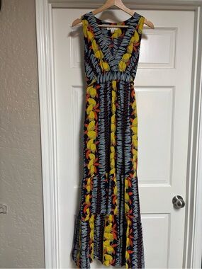 Cabi Sleeveless V-Neck Maxi Dress with lemon and tropical leaf print